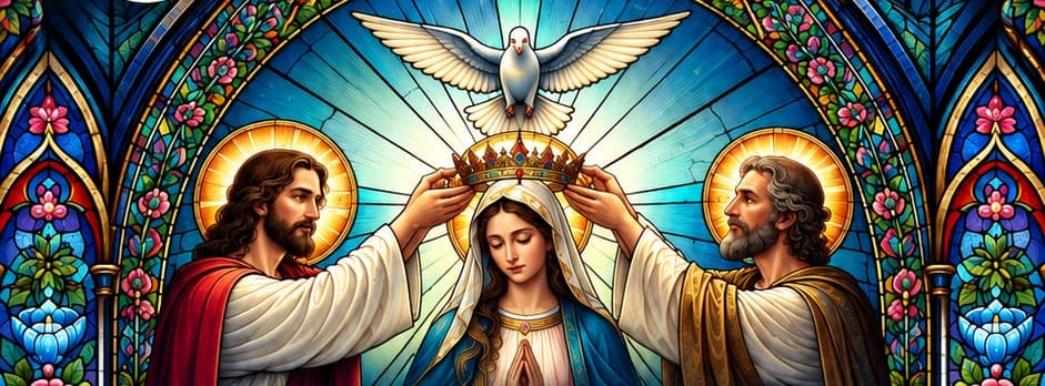 The Coronation of the Blessed Virgin Mary: Jesus Christ and God the Father crown Mary as the Holy Spirit descends as a dove, rendered in cathedral stained glass